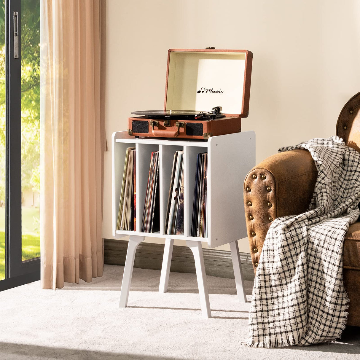 LELELINKY Record Player Stand,Vinyl Record Storage Table with 4 Cabinet Up to 100 Albums,Mid-Century Modern Turntable Stand with Wood Legs,White Vinyl Holder Display Shelf for Bedroom Living Room LELELINKY