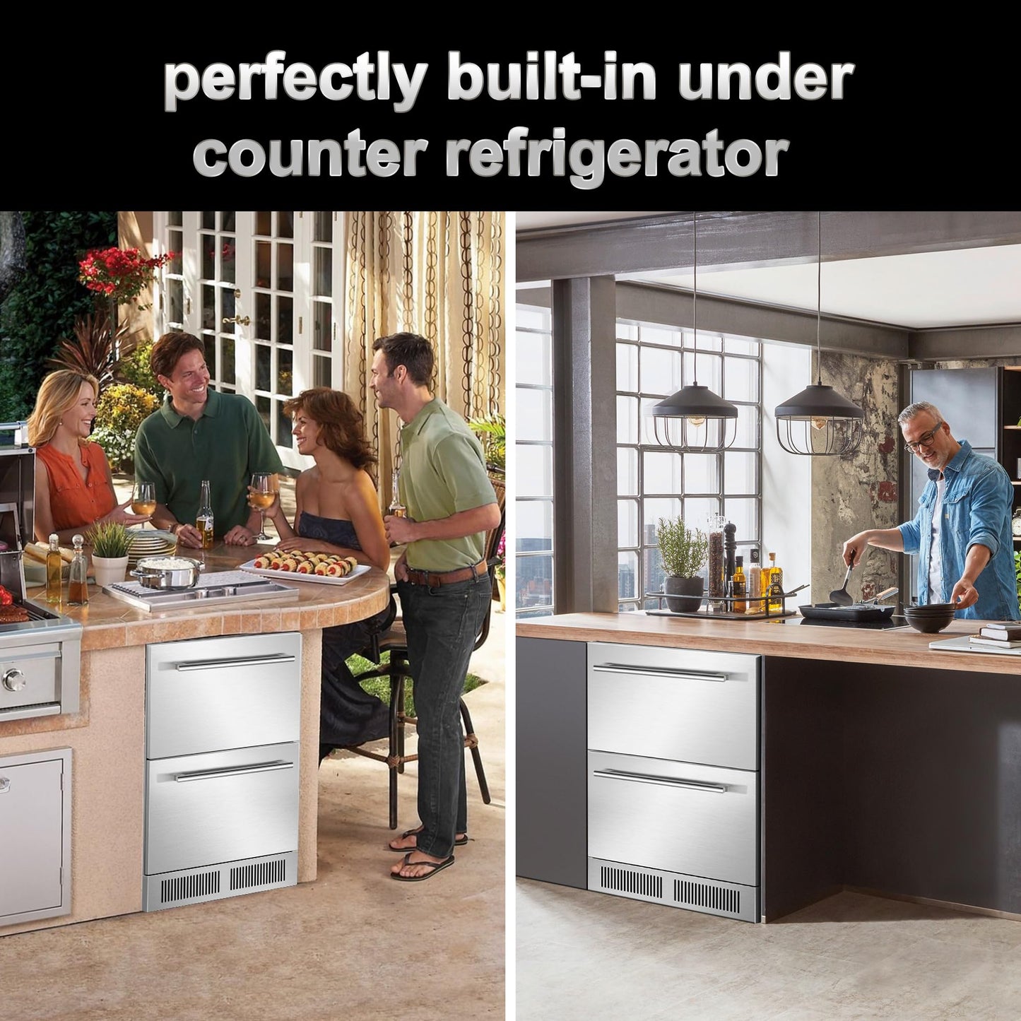 24 Inch Outdoor Drawer Fridge, Under Counter Double Drawer Beverage Refrigerator, 5.12 Cu.Ft. Weather Proof Stainless Steel Built-in Freezer Cooler for Patio Outdoor Kitchen, Indoor Outdoor Use