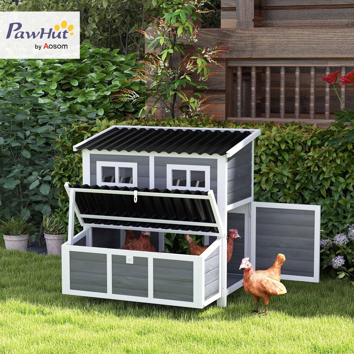 PawHut Wooden Chicken Coop, 39" Chicken House with Nesting Box, Pull-Out Tray, Waterproof Roof, Hen House Outdoor Poultry Cage for 4-6 Chickens, Rabbits, Small Animals, for Backyard, Light Gray PawHut
