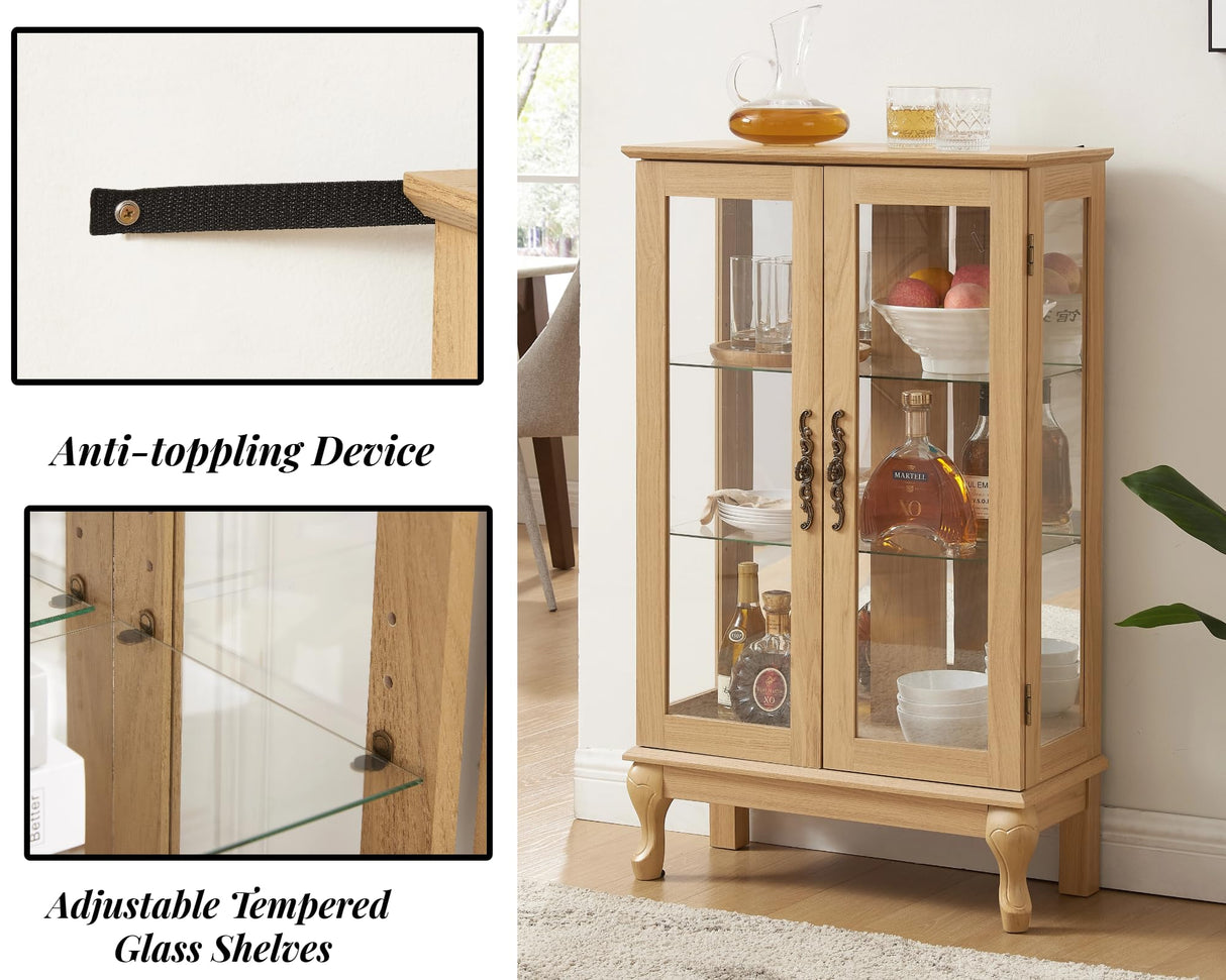 LKTART Glass Display Cabinet with Light,Small Curio Showcase Art Display Case,China Cabinet with Tempered Glass Doors and Shelves,Glass Storage Cabinet for Collectibles,Included Bulb Light Oak LKTART