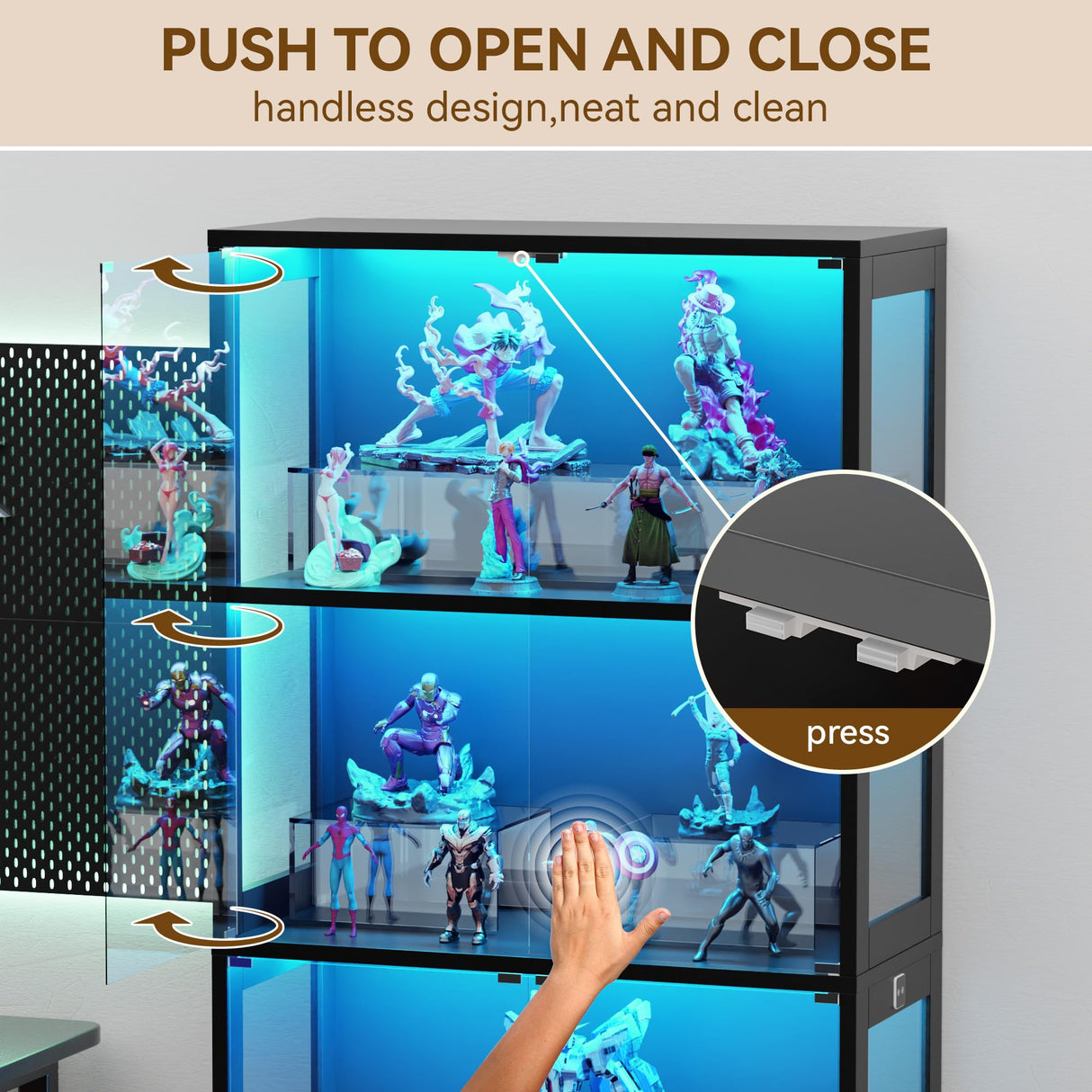 Ceruvia Glass Display Cabinet with 3CCT Motion Sensor Light, 4-Tier Curio Case for Collectibles, Storage Shelf with Glass Doors, Bookcase, Showcase, Black Ceruvia