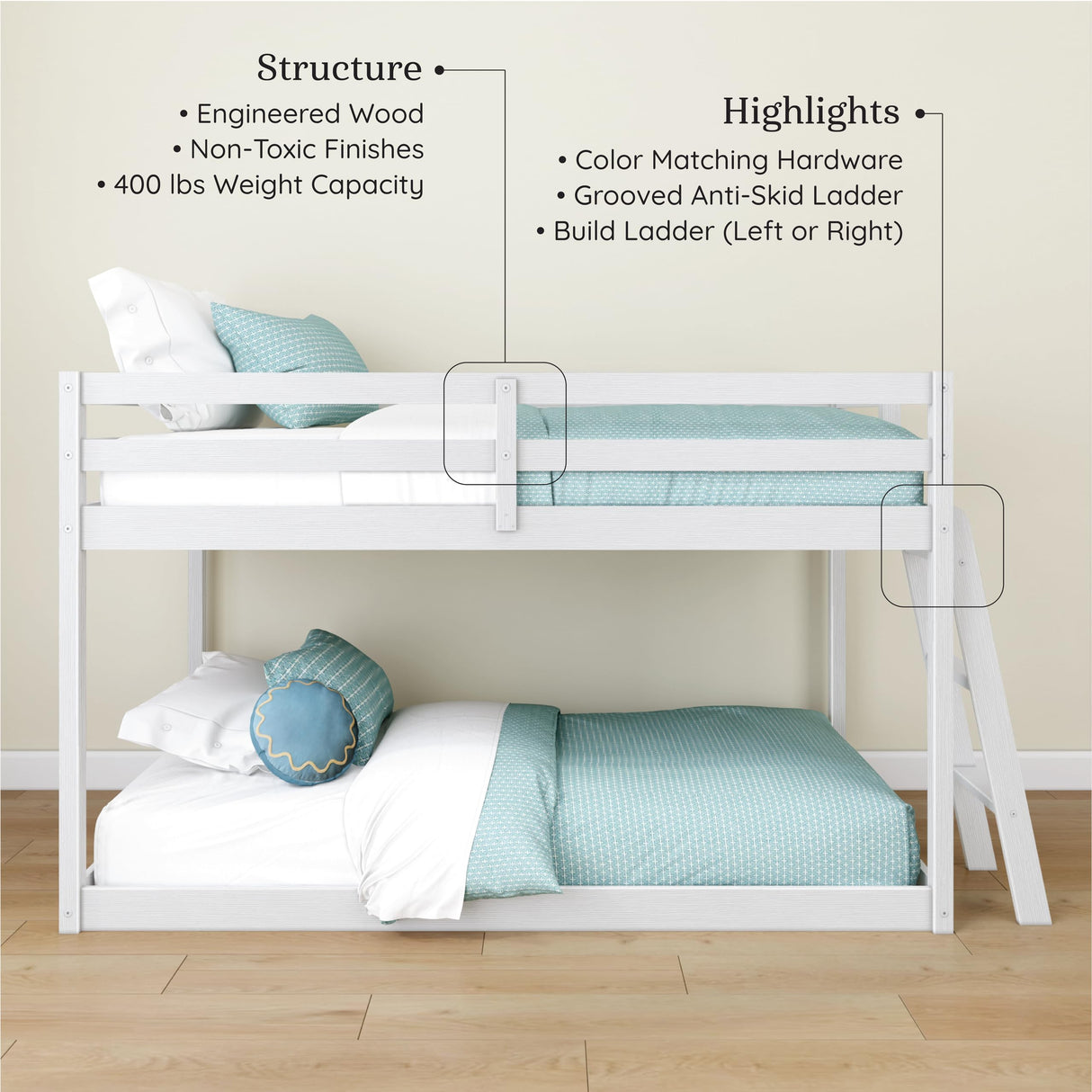 Grain & Grove Bear Twin Over Twin Bunk Bed, Low Bunk Bed Frame for Kids, Bunk with Ladder, Guardrail, and Slats, No Box Spring Required, Brushed White Grain & Grove