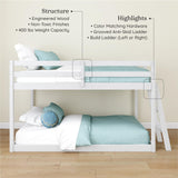 Grain & Grove Bear Twin Over Twin Bunk Bed, Low Bunk Bed Frame for Kids, Bunk with Ladder, Guardrail, and Slats, No Box Spring Required, Brushed White Grain & Grove