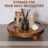Demigo 10" Acacia Wood Round Tray - Decorative Plant Stand, Farmhouse Countertop Organizer, Multi-Purpose Display Pedestal, Riser Board for Soap, Perfume, Candles, Sponge, Bathroom, Kitchen Demigo