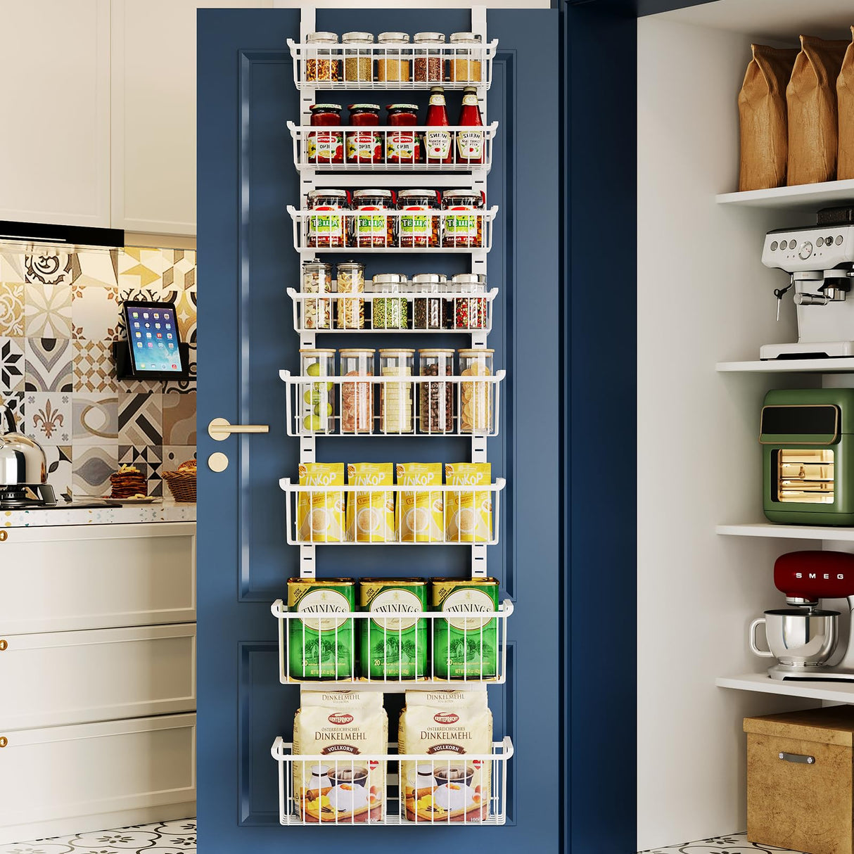 Over The Door Pantry Organizer, 8-Tier Over The Door Organizer with Adjustable Baskets, Metal Hanging Spice Rack for Pantry Organizers and Storage, Suitable for Kitchen Laundry Room & Bathroom, White MSERCUOR