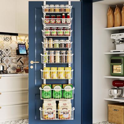 Over The Door Pantry Organizer, 8-Tier Over The Door Organizer with Adjustable Baskets, Metal Hanging Spice Rack for Pantry Organizers and Storage, Suitable for Kitchen Laundry Room & Bathroom, White