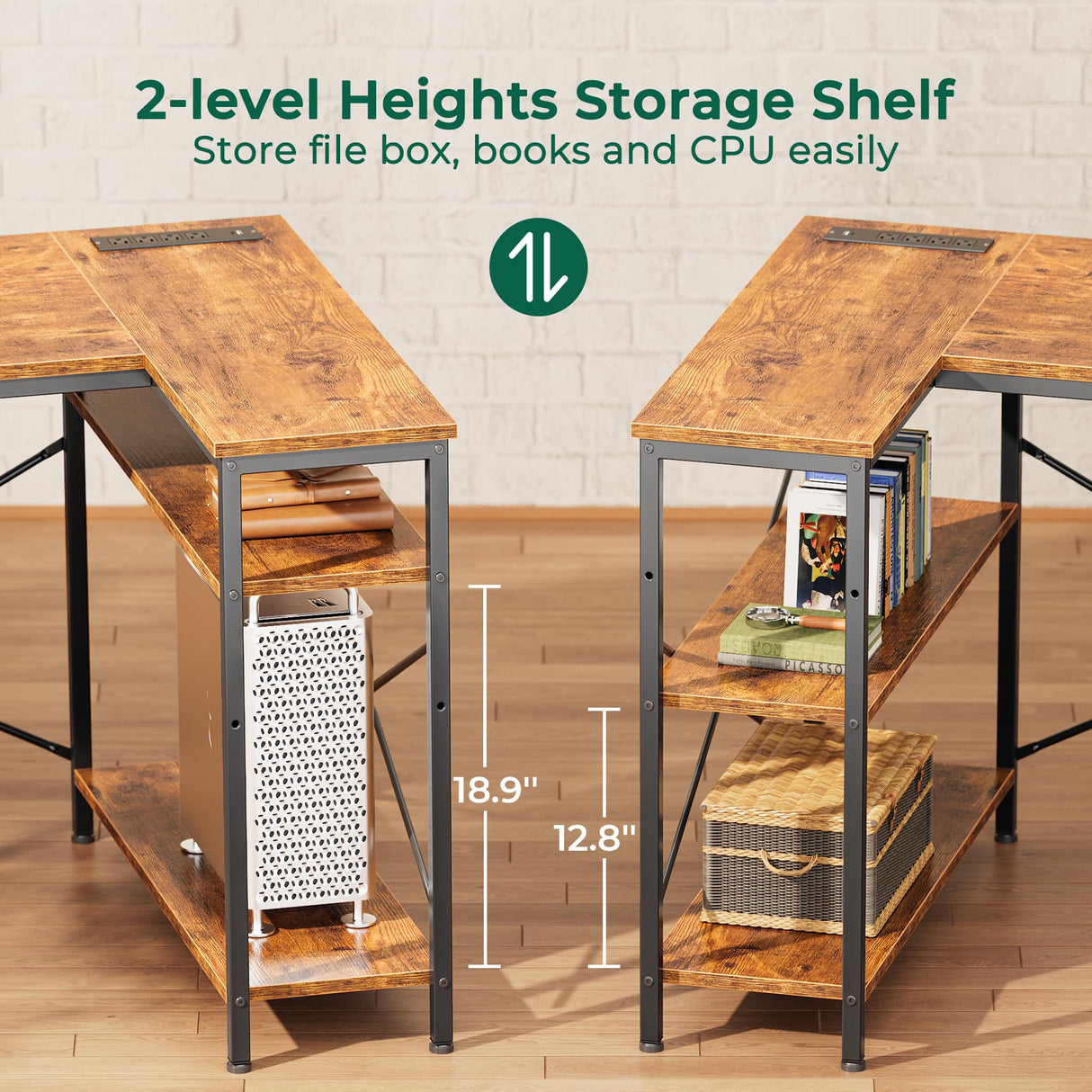 Huuger L Shaped Desk with Power Outlets, Computer Desk with 3 Drawers, 47 Inch Office Desk with Shelves, Gaming Desk, Corner Desk Work Desk for Home Office, Study, Rustic Brown Huuger