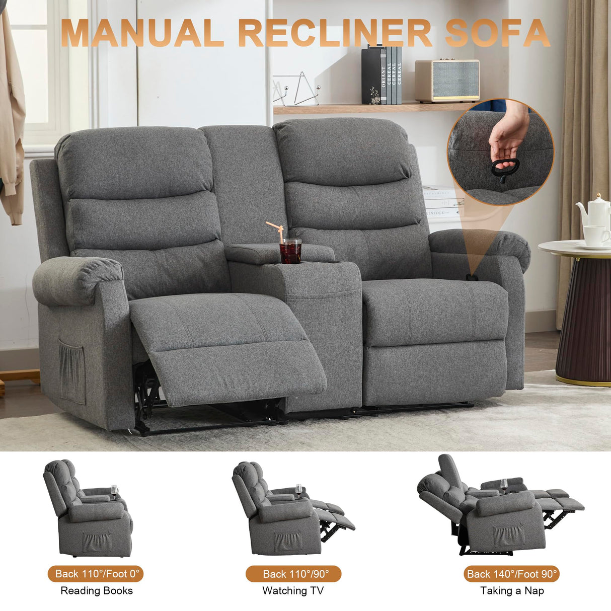 URRED Loveseat Recliner Sofa, Double Manual Recliner RV Sofa with Console, Linen Recliner Chair Home Theater Seating with Cup Holders/Lumbar Pillow/Hidden Storage for Living Room(Grey) URRED