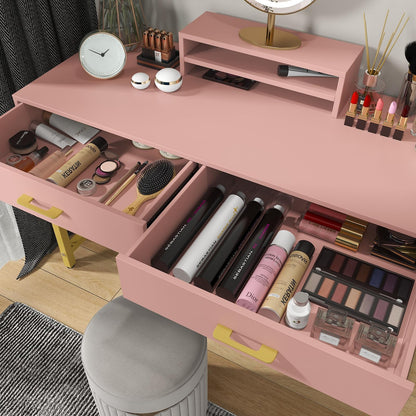 WESTREE Women Makeup Vanity Desk with 2 Drawers - Bedroom Home Office Desk, Wooden Height Monitor Stand & Storage Shelf Without Mirror, Pink Table Great Gift for Her