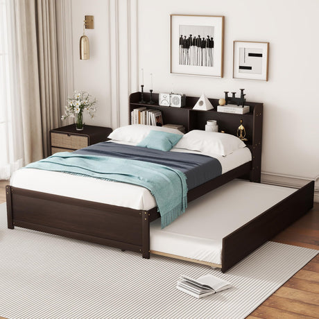 Harper & Bright Designs Full Bed Frame with Trundle, Full Trundle Bed with Bookcase Headboard, Wood Full Size Platform Bed with Twin Trundle Bed Under for Kids Girls Boys, Espresso Harper & Bright Designs