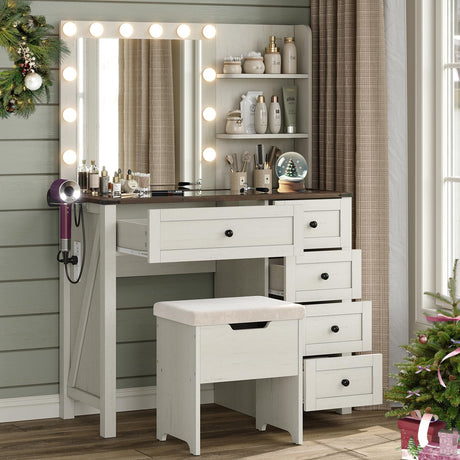 NOHEPXCY Farmhouse Style Vanity Desk Set with Mirror and 3 Color Adjustable Lights, Antique White Makeup Vanity Table with 5 Drawers and 2 Shelves，Glass Tabletop Dressers,Stool Included,Vintage White NOHEPXCY