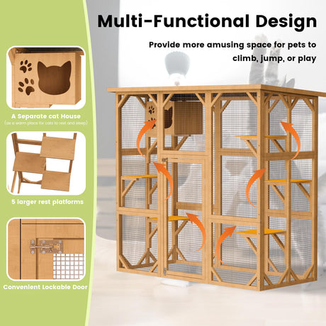 Decomax Catio Cat House Cage Enclosure, Outdoor/Indoor Wooden Cat Enclosures with Separate Cat Kennel, 5 Large Platforms and Waterproof Asphalt Roof for Patio, Backyard (Burlywood) Decomax