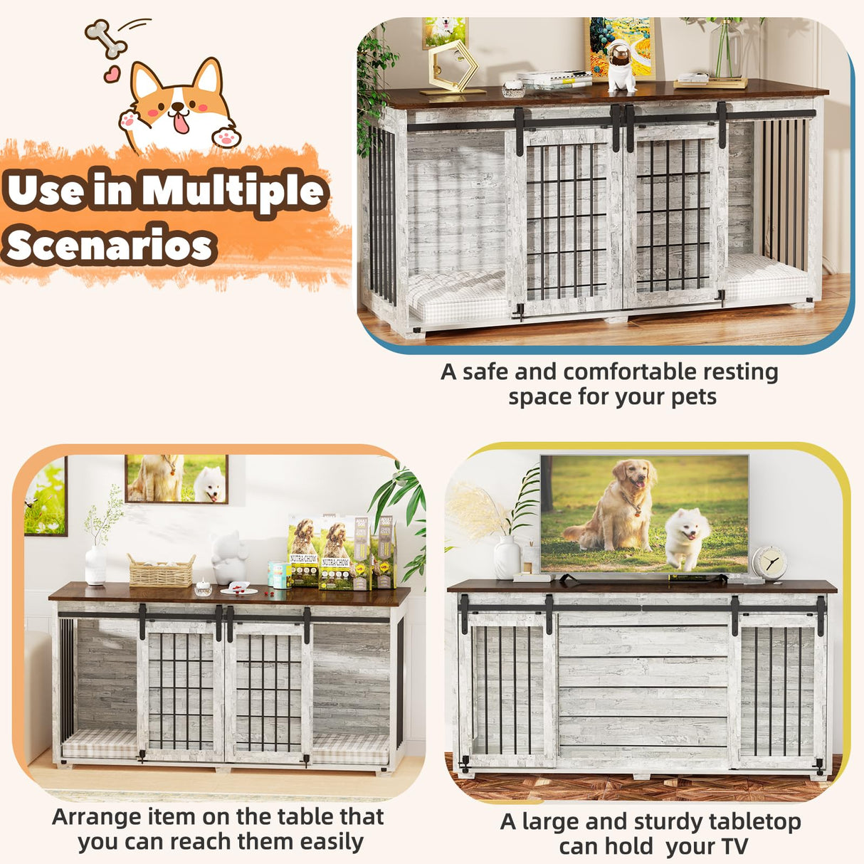 EBE Dog Crate Furniture, 63''Wooden Dog Kennel with Removable Divider and Sliding Door, Dog Crate with Double Rooms, Heavy Duty Dog Crate Table Indoor TV Stand for Small Medium Large Dogs EBE