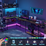 Halitaa U Shaped Desk with Power Outlet, L Shaped Office Desk with LED Lights and Monitor Stand, Reversible L-Shaped Computer Desk Suitable for Home Office, Corner, Gaming, Brown Halitaa