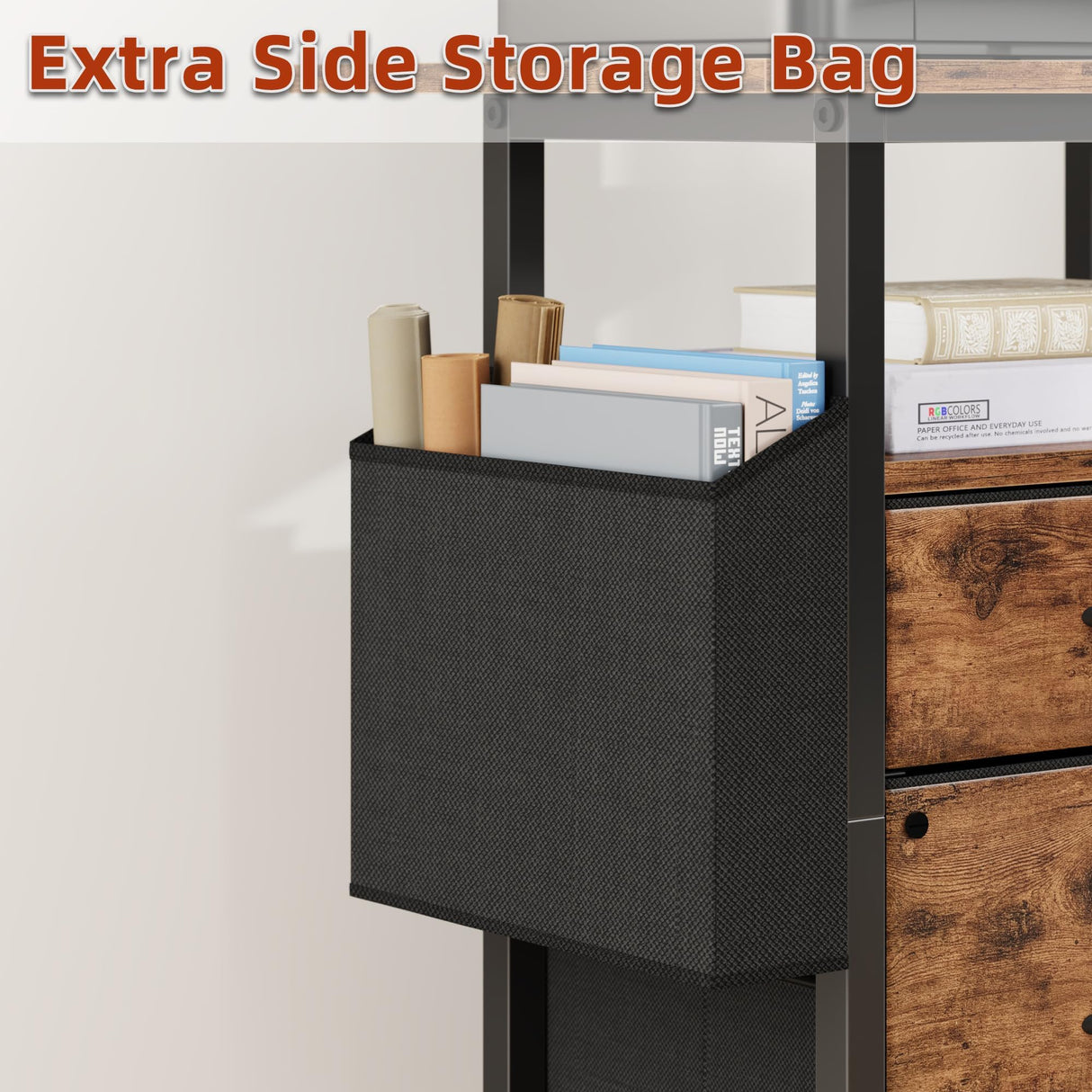 GYIIYUO 2 Drawer File Cabinet with 24'' Extended Desktop, Mobile Filing Cabinet, Rolling File Cabinet with Side Bag, Fabric Drawer, Fits A4/Letter Size, Printer Stand Home Office, Light Brown GYIIYUO