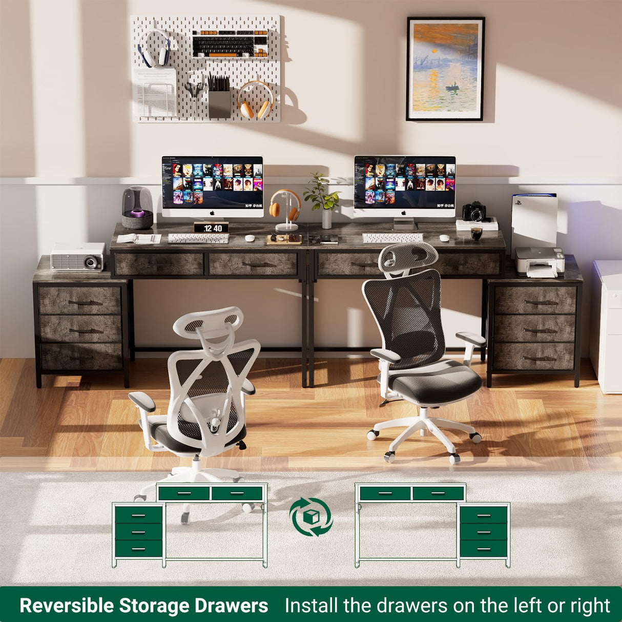 Unikito Computer Desk with 5 Drawers, Reversible Home Office Desk with Power Outlets, Sturdy Writing Desk with File Cabinet and Printer Stand, Vanity Desk with Storage for Small Space, Black Oak Unikito