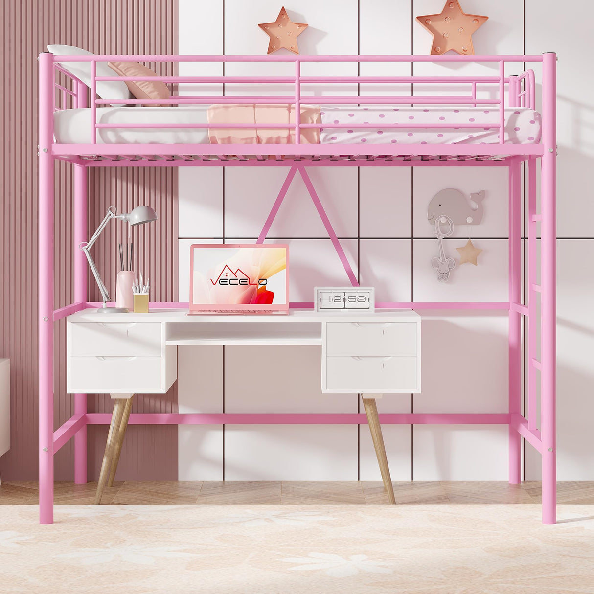 VECELO Loft Bed Twin Size, Metal Bedframe with Removable Ladder and Safety Guardrail, No Box Spring Needed, Space Saving, Noise Free, Pink VECELO