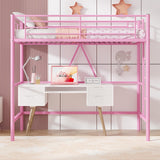 VECELO Loft Bed Twin Size, Metal Bedframe with Removable Ladder and Safety Guardrail, No Box Spring Needed, Space Saving, Noise Free, Pink VECELO