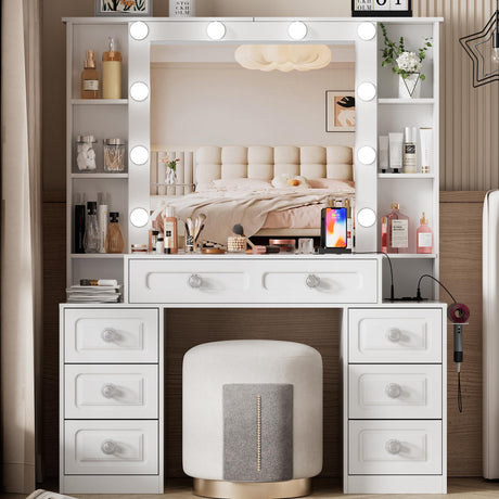 FURNJOYLIFE Farmhouse Makeup Vanity with Lighted Mirror & Charging Station, Vanity Desk Dresser Table with 3 Lighting Modes Brightness Adjustable,Drawers,Shelves,Hair Dryer Stand for Bedroom,White FURNJOYLIFE