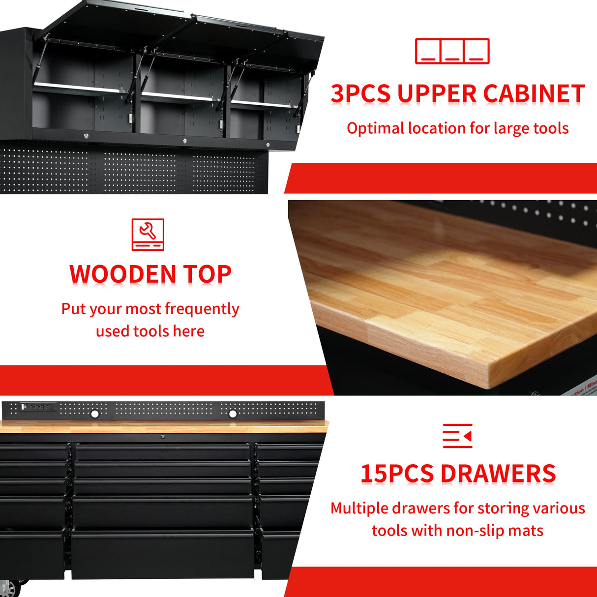 CT Copper Tailor 72-inch Rolling Tool Chest with Integrated Power Strip,15 Drawers and Wheels, Garage Workbench with Storage, 3 Upper Cabinets, Pegboard in Matte Black CT Copper Tailor