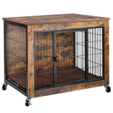 LEMBERI 38 Inch Dog Crate Furniture with Cushion, Double Doors Wooden Dog Kennel Indoor with Wheels, Pet House Decorative Side End Table for Large Medium Dogs, Rustic Brown LEMBERI