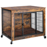 LEMBERI 32 Inch Dog Crate Furniture with Cushion, Wooden Double Doors Dog Kennel Cage Indoor with Wheels, Pet House Decorative Side End Table for Small Medium Dogs, Rustic Brown LEMBERI
