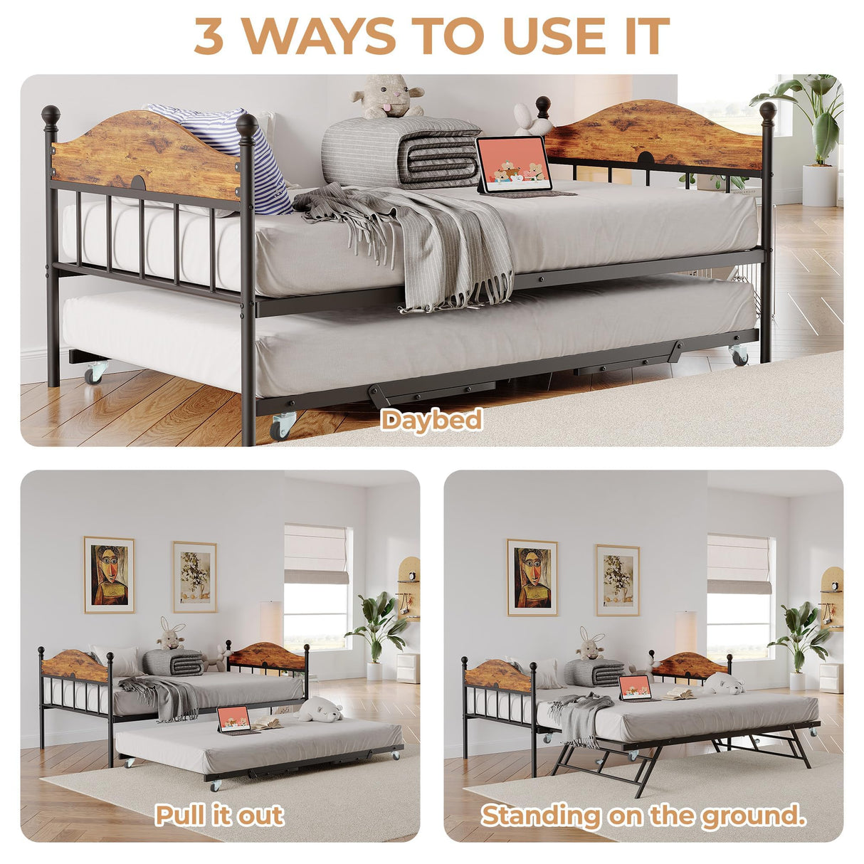 Daybed with Trundle, Sturdy Metal Twin Size Day Bed with Stylish Headboard, Height Adjustable Trundle Bed Twin, Heavy Duty Steel Slats Platform for Living Room, Bedroom and Guest Room, Brown GarveeHome