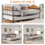 Daybed with Trundle, Sturdy Metal Twin Size Day Bed with Stylish Headboard, Height Adjustable Trundle Bed Twin, Heavy Duty Steel Slats Platform for Living Room, Bedroom and Guest Room, Brown GarveeHome