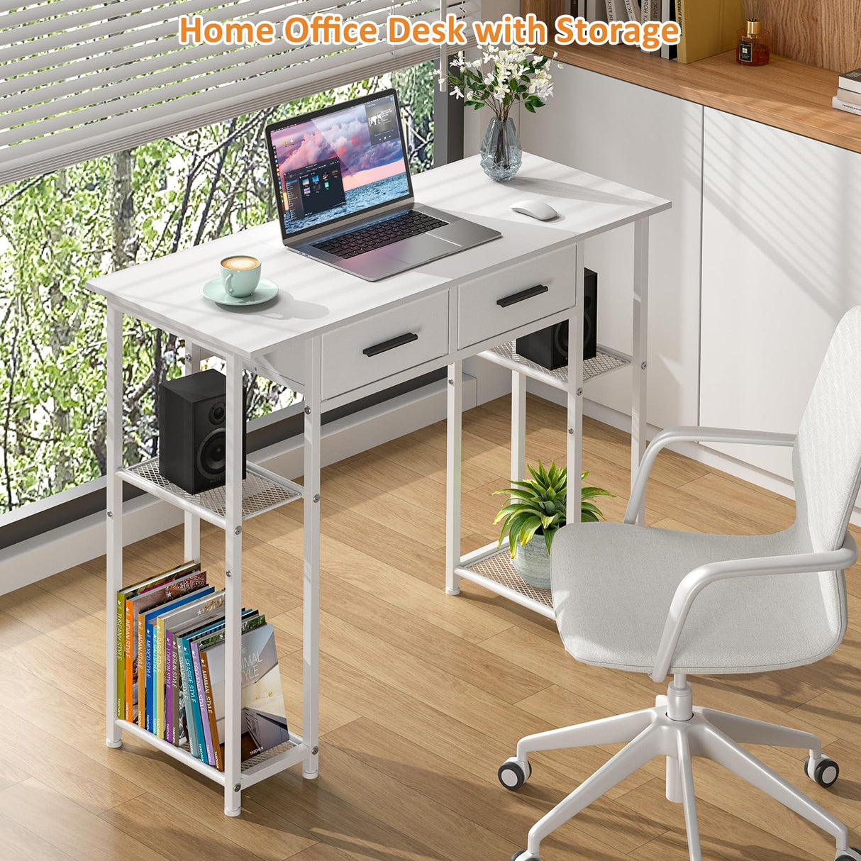 DAOUTIME White Computer Desk with Drawers, 37.3 Inch Home Office Work Desk with Storage Shelf, Kids Teens Study Table for Small Space, Small Writing PC Table for Bedroom Makeup Vanity Desk DAOUTIME