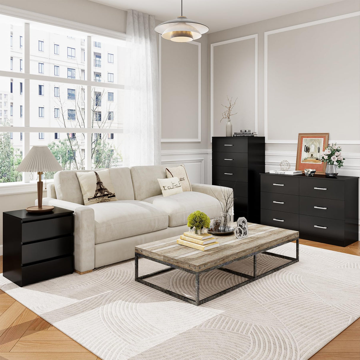 FOTOSOK Black Nightstand with 3 Drawers, Black Bedside Table Night Stand for Bedroom with Cut-Out Handle, Sofa Side Table 3 Drawer Nightstand for Bedroom, 17.7W*15D*21.7H FOTOSOK