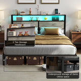 King Size Bed Frame with Headboard, Metal Platform Bed Frame with LED Lights & Charging Station, Under Bed Storage, Solid and Stable, No Box Spring Needed, Noise Free, Easy Assembly, Rustic Grey RVONOW