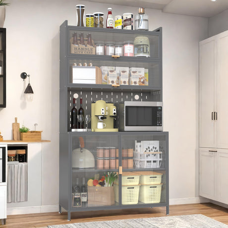 IRONCORE 73” Metal Kitchen Storage Cabinet, 6 Tier Tall Storage Cabinet, Metal Pantry Cabinet with Microwave Shelf and Door, Anti-Tip Design Hutch for Kitchen, Dining Room, Living Room, Grey IRONCORE