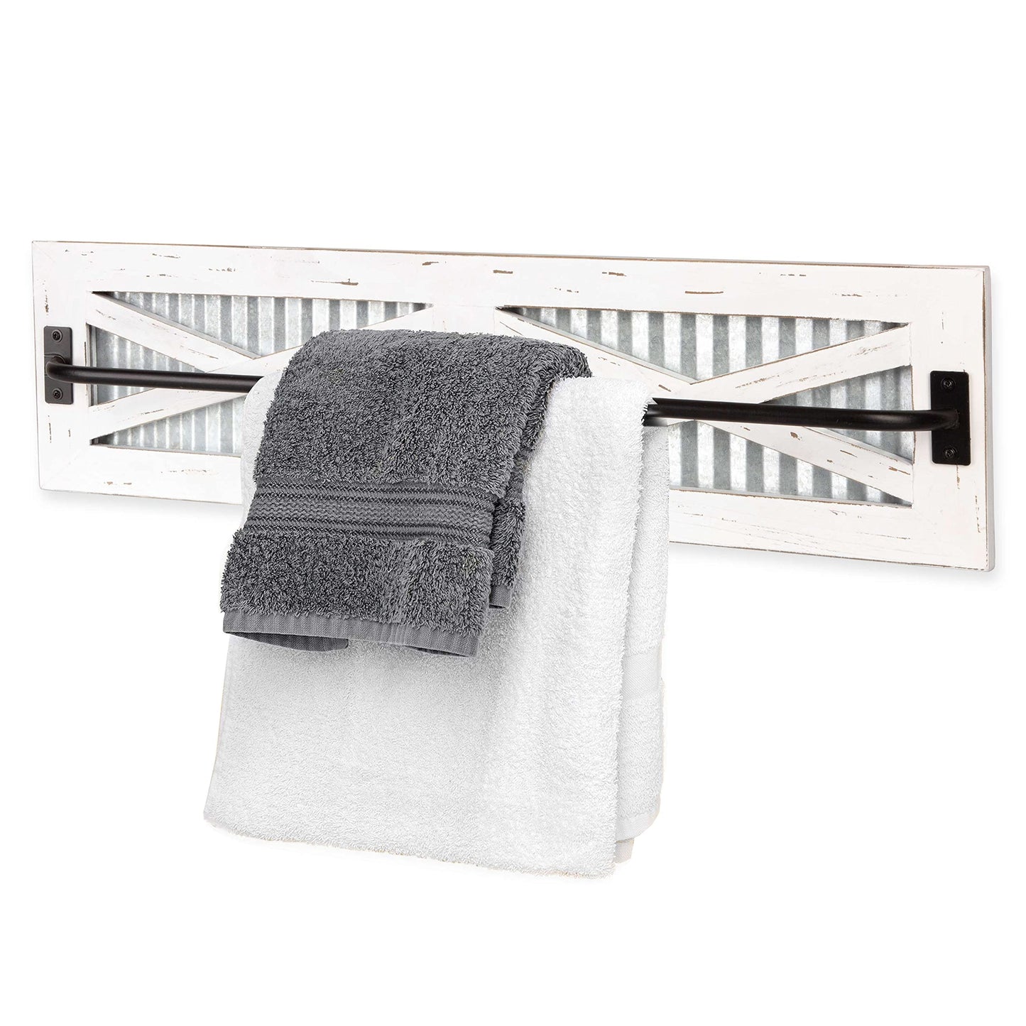 Crutello Rustic Towel Bar with Galvanized Backing for Bathrooms, 24x6 Inches - Wall Mounted Towel Rack White Wood & Black Metal Bar, Farmhouse Decor