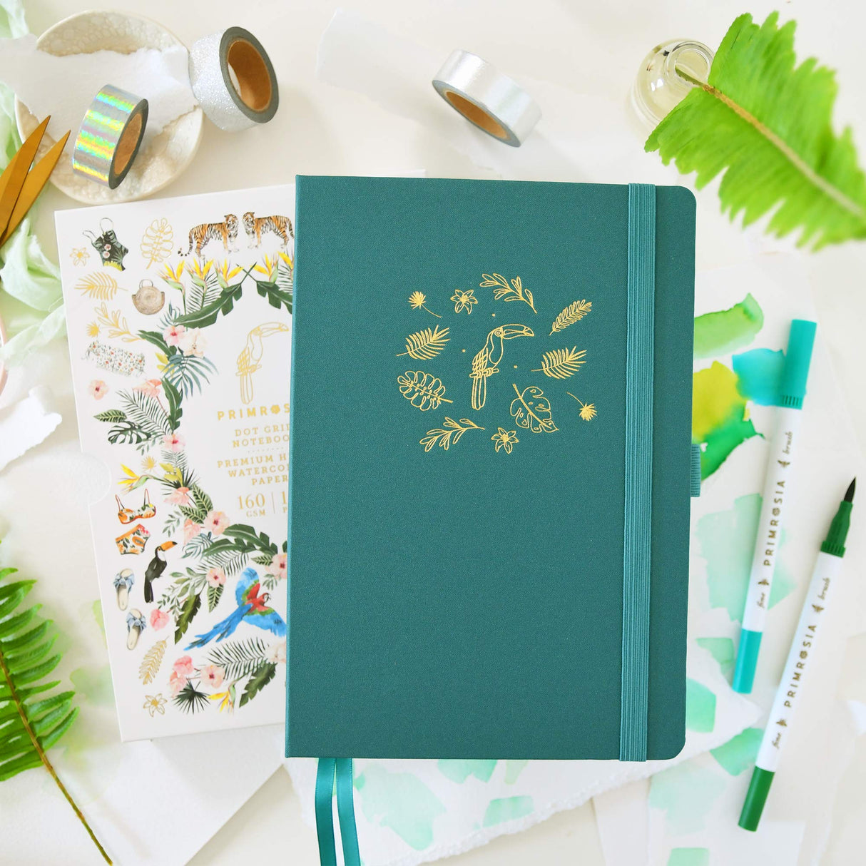 Primrosia A5 Dot Grid Watercolor Journal Notebook – 160 Pages I 160gsm Premium Heavy Paper, No Bleed – Luxe Linen Hard Cover with Cute Toucan Slip Cover (Jungle Green) Primrosia