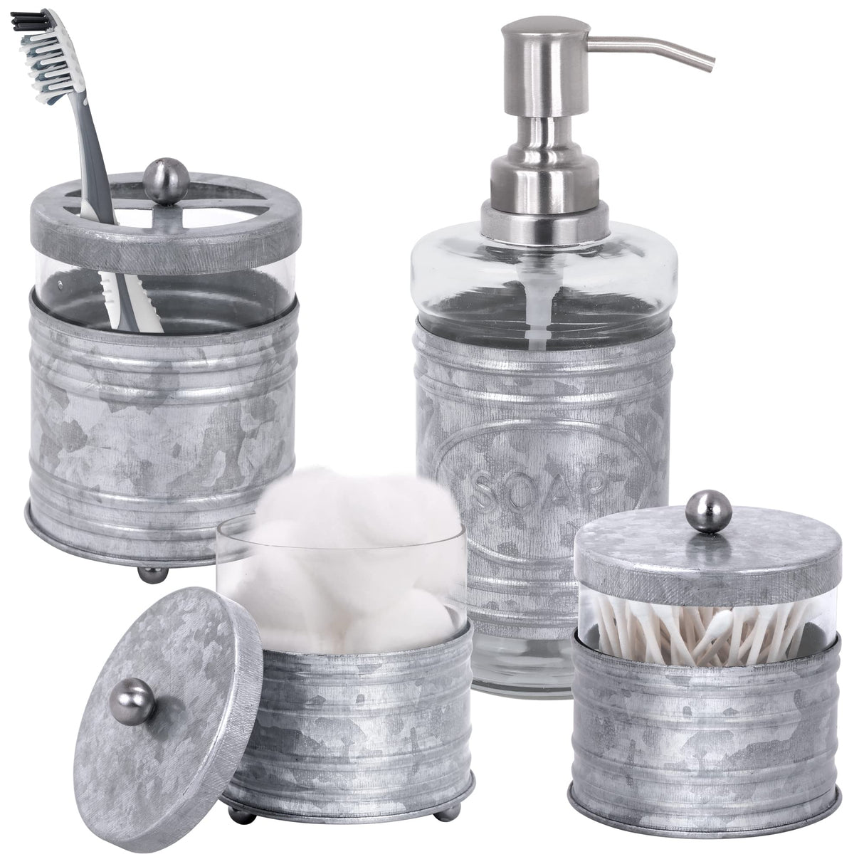 Autumn Alley Rustic Farmhouse Glass and Galvanized Bathroom Accessories Set (4 PCS) - Lotion Soap Dispenser, Toothbrush Holder, 2 Apothecary Jars (Qtip Holder) - Rustic Farmhouse Bathroom Decor Autumn Alley