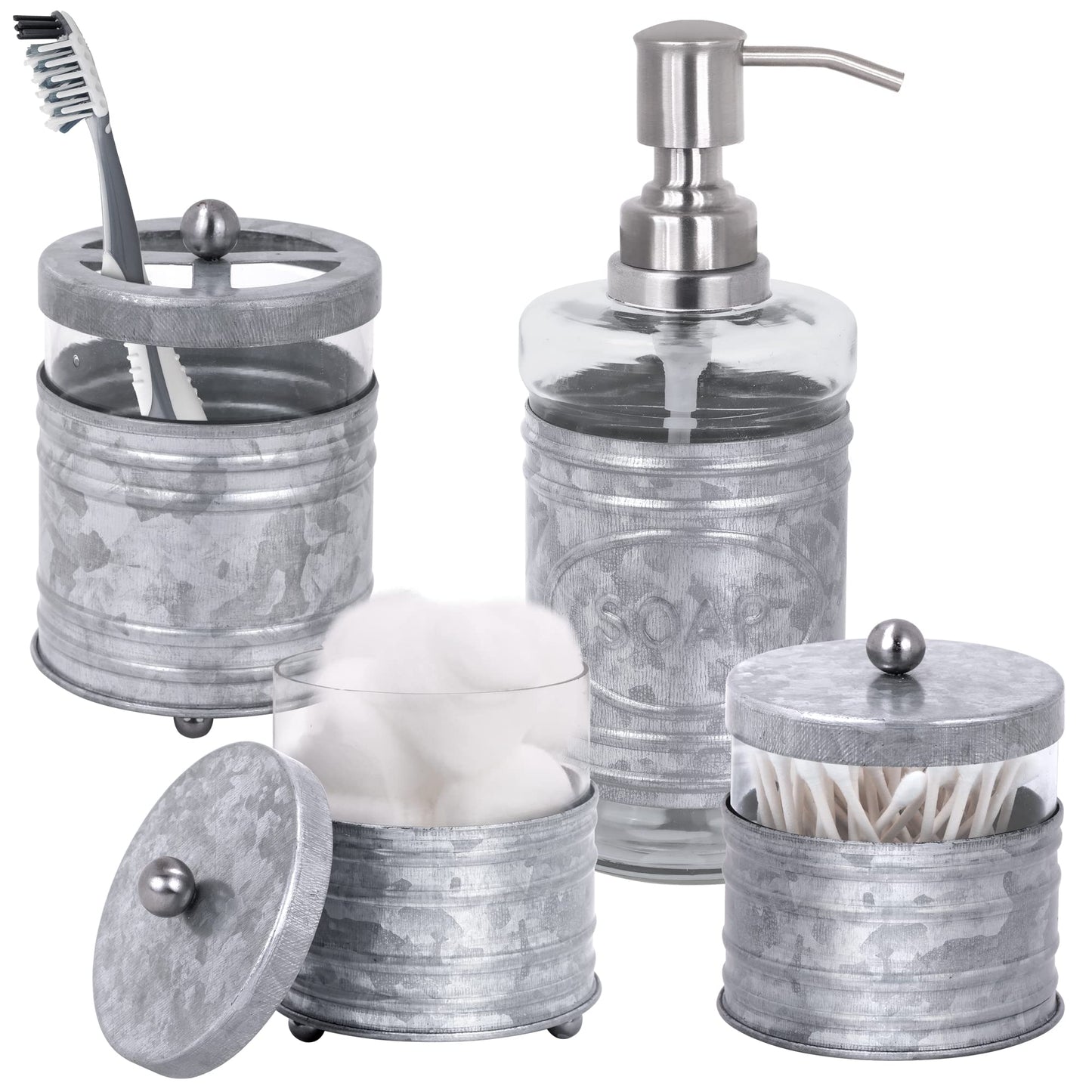 Autumn Alley Rustic Farmhouse Glass and Galvanized Bathroom Accessories Set (4 PCS) - Lotion Soap Dispenser, Toothbrush Holder, 2 Apothecary Jars (Qtip Holder) - Rustic Farmhouse Bathroom Decor