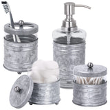 Autumn Alley Rustic Farmhouse Glass and Galvanized Bathroom Accessories Set (4 PCS) - Lotion Soap Dispenser, Toothbrush Holder, 2 Apothecary Jars (Qtip Holder) - Rustic Farmhouse Bathroom Decor Autumn Alley