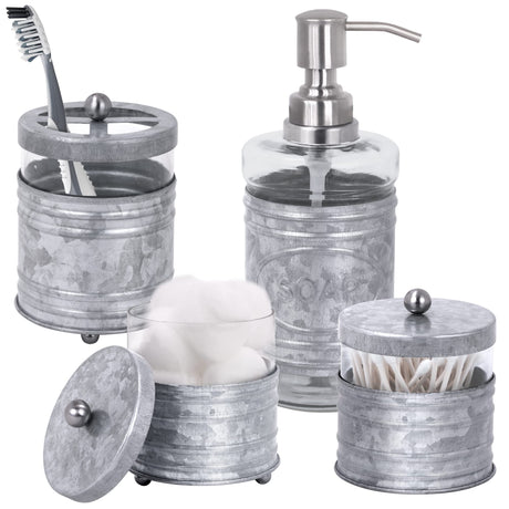 Autumn Alley Rustic Farmhouse Glass and Galvanized Bathroom Accessories Set (4 PCS) - Lotion Soap Dispenser, Toothbrush Holder, 2 Apothecary Jars (Qtip Holder) - Rustic Farmhouse Bathroom Decor Autumn Alley