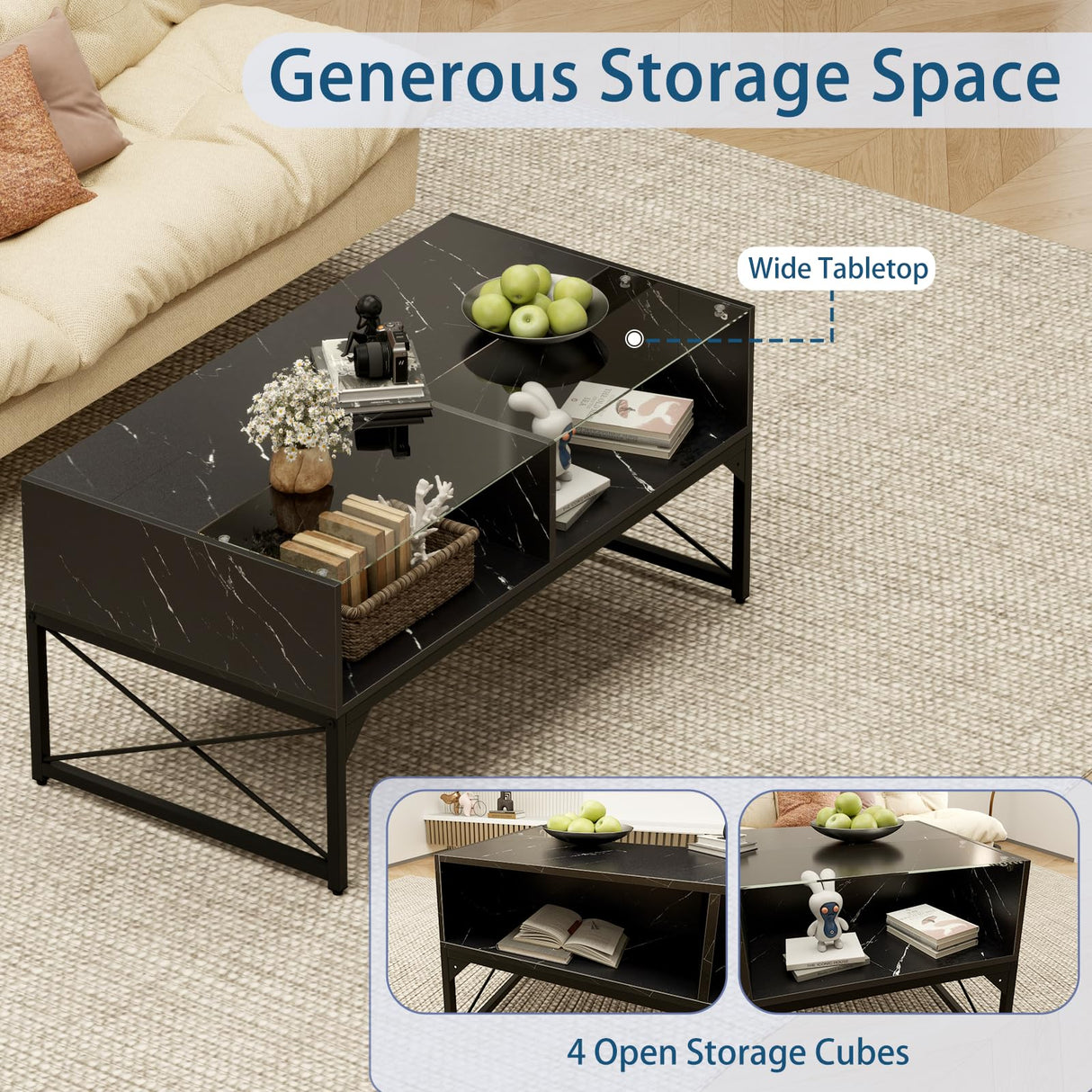 Tangkula LED Coffee Table, High Glossy Center Table with 4 Storage Cubes, Faux Marble & Tempered Glass Top, Adjustable Light Colors, Remote Control, Modern Cocktail Table for Living Room (Black) Tangkula