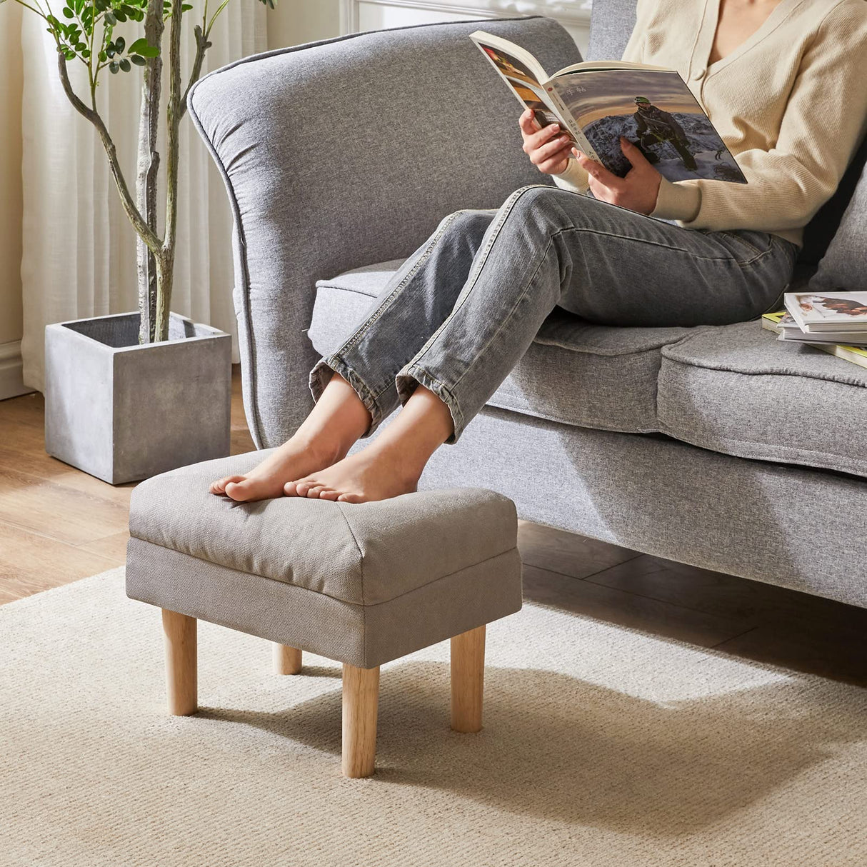 YMYNY 15.75" Small Footstool Ottoman, Footrest with Sponge Padded Seat, Step Stool for Sofa, Bedroom, Living Room, Entryway, Modern Change Shoes Stool, Wood Legs, Gray, UHBD023G YMYNY