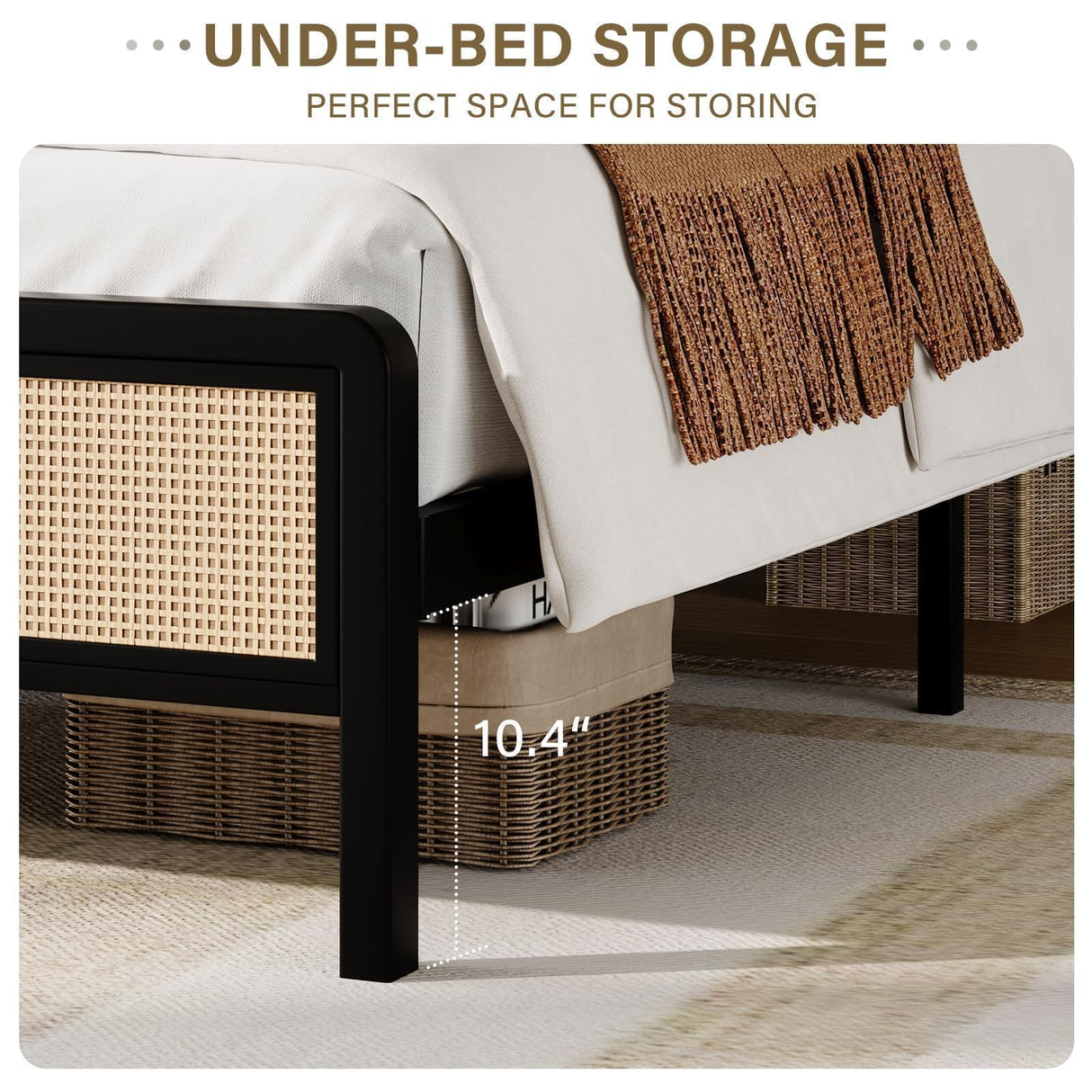 CHABUILDREARK Rattan Bed Frame Queen, Metal Platform Bed with Headboard, Bed Frame Queen Size with Steel Slats Support, No Box Spring Needed, Noise-Free, Easy Assembly, Black CHABUILDREARK