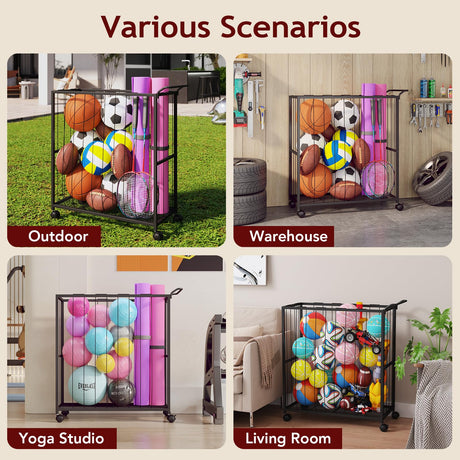 Homsorout Ball Storage Bin Rolling Sports Ball Cart, Metal Garage Organizer Sport Rack, Ball Basket Storage, Ball Cage for Garage or Gym, Indoor & Outdoor Sports Equipment Organizer Black Homsorout