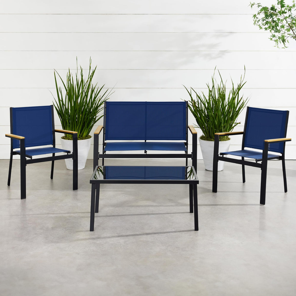 Best Choice Products 4-Piece Outdoor Textilene Patio Conversation Set, Backyard Furniture w/Loveseat, Coffee Table, Steel Frame - Black/Navy Best Choice Products