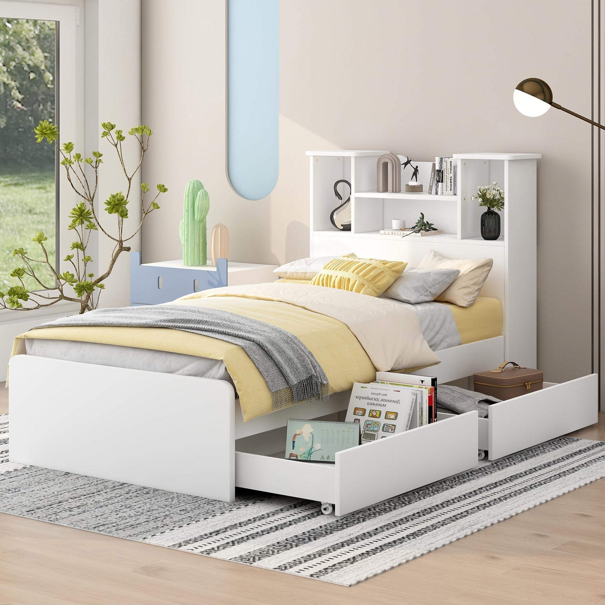 SOFTSEA Twin Size Captain Bed with Storage Shelves, Drawers, and LED Light – White Wood Frame - WoodArtSupply