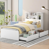 Harper & Bright Designs Twin Size Bed with Storage Headboard and Drawers, Solid Wood Twin Platform Bed Frame with 2 Drawers, 4 Shelves and LED Light, No Box Spring Needed - White Harper & Bright Designs