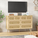 HOUROM Rattan Dresser for Bedroom, Modern 6-Drawer Double Dresser with Gold Handles, Wood Storage Chest of Drawers for Bedroom HOUROM