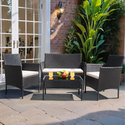 Greesum Patio Furniture 4 Pieces Conversation Sets Outdoor Wicker Rattan Chairs Garden Backyard Balcony Porch Poolside loveseat with Cushion and Glass Table, Black - WoodArtSupply