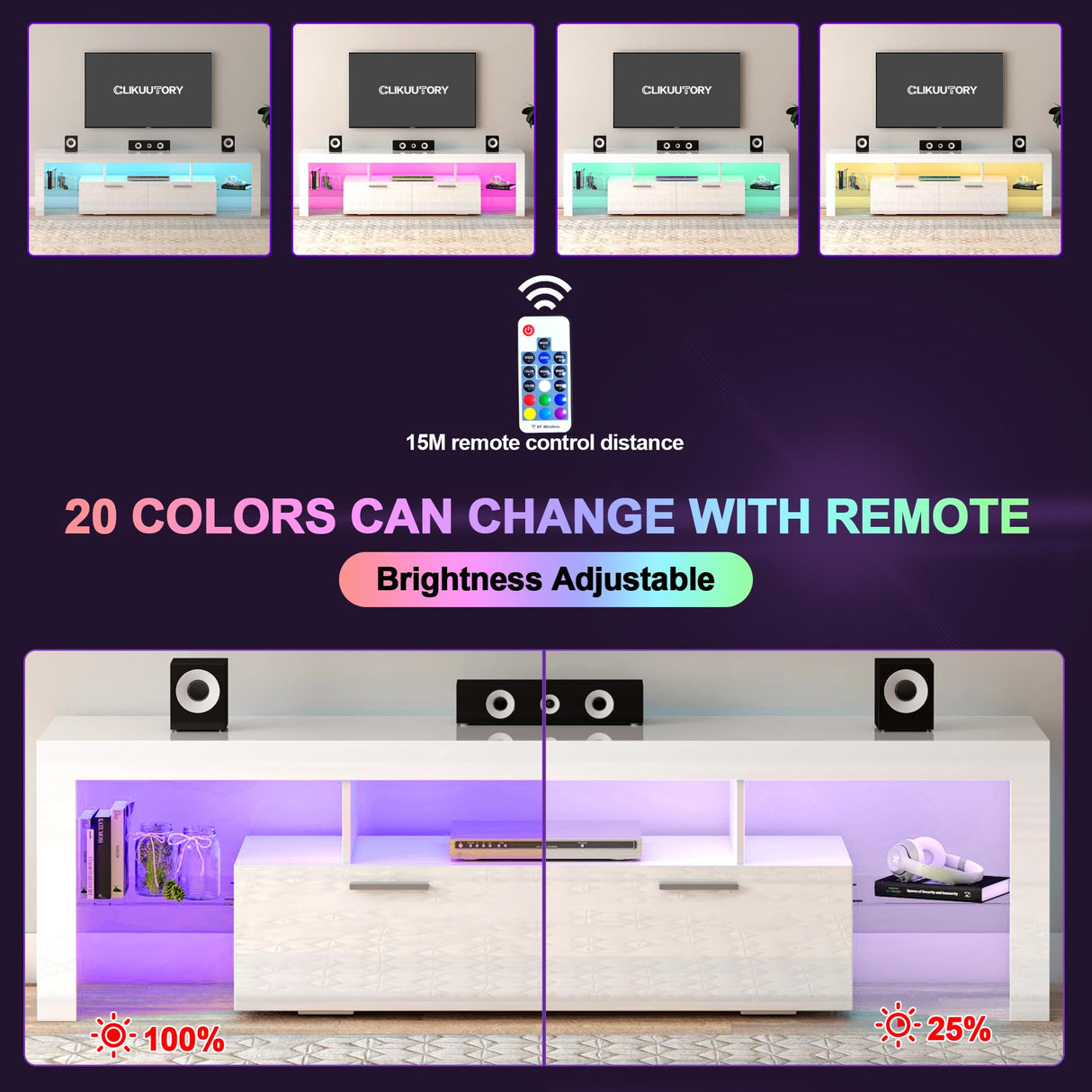 Clikuutory Modern LED 63 inch Long TV Stand with Large Storage Drawer for 50 55 60 65 70 75 Inch TVs, White Wood TV Console with High Glossy Entertainment Center for Living Room, Bedroom, White Clikuutory