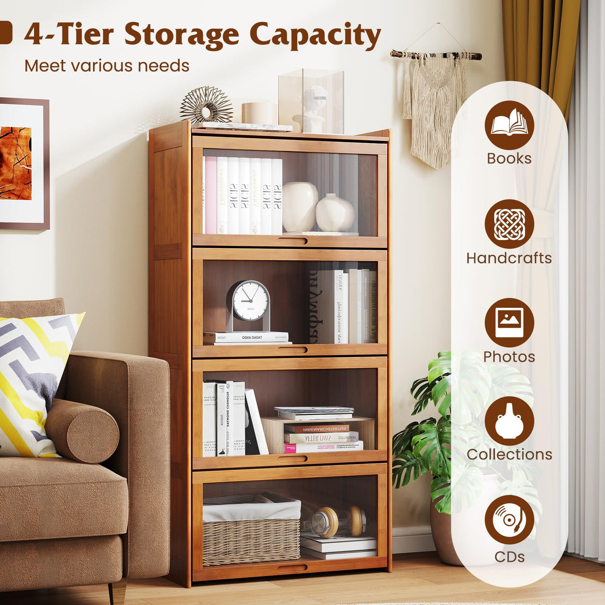 Giantex 4-Tier Bookcase with Clear Doors, 55" Bamboo Bookshelf with Flip-up Acrylic Doors, Freestanding Cube Storage Organizer with Shelves, Solid Wooden Display Cabinet for Living Room, Study, Brown Giantex