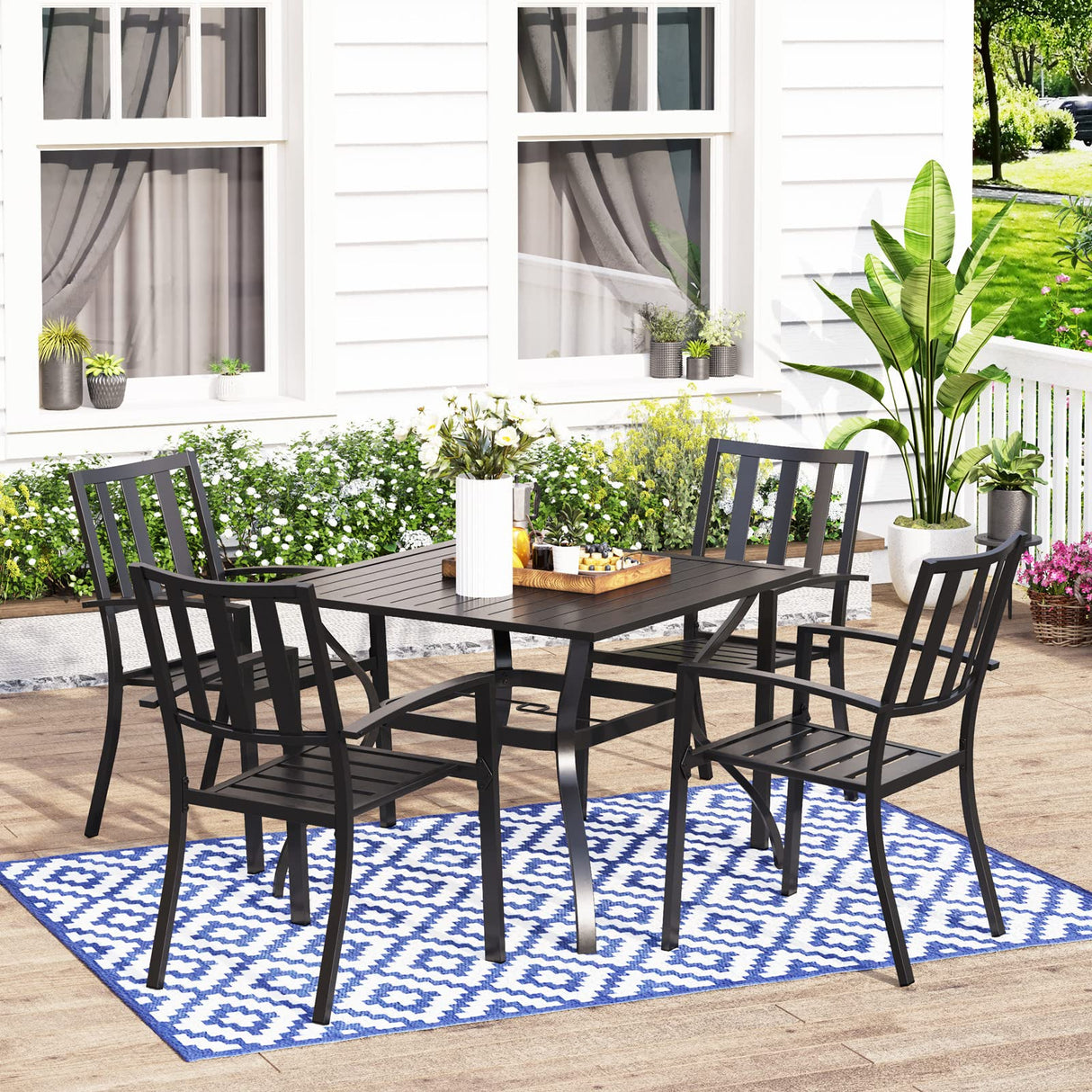 MFSTUDIO Outdoor Dining Set for 4, Patio Table and Chairs Set with Umbrella Hole, Metal Patio Furniture Set for Deck/Backyard/Poolside/Garden MFSTUDIO